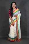 Off-White Cotton Saree with Pink Border & Elegant Thread Work