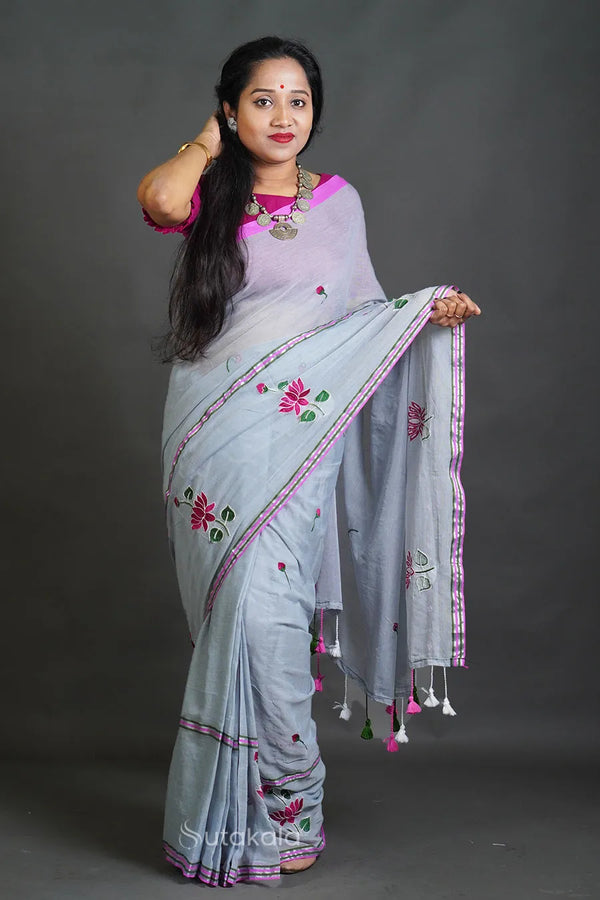 Mul Cotton Saree with Thread Work Embroidery