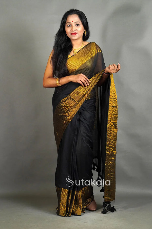 Black Mul Cotton Saree with Golden Border