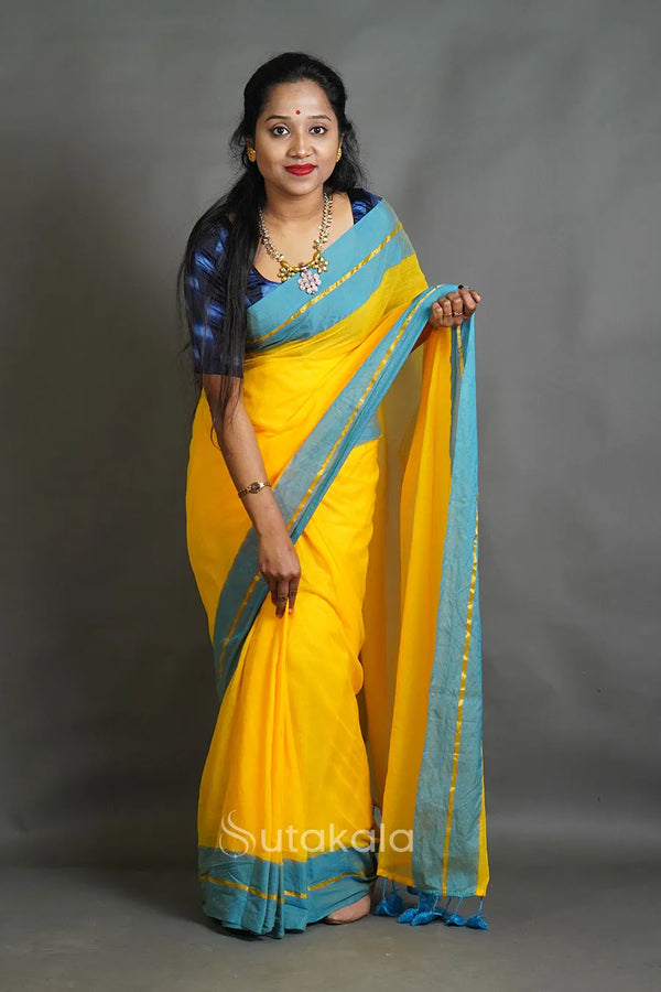 Yellow Cotton Saree with Blue Border