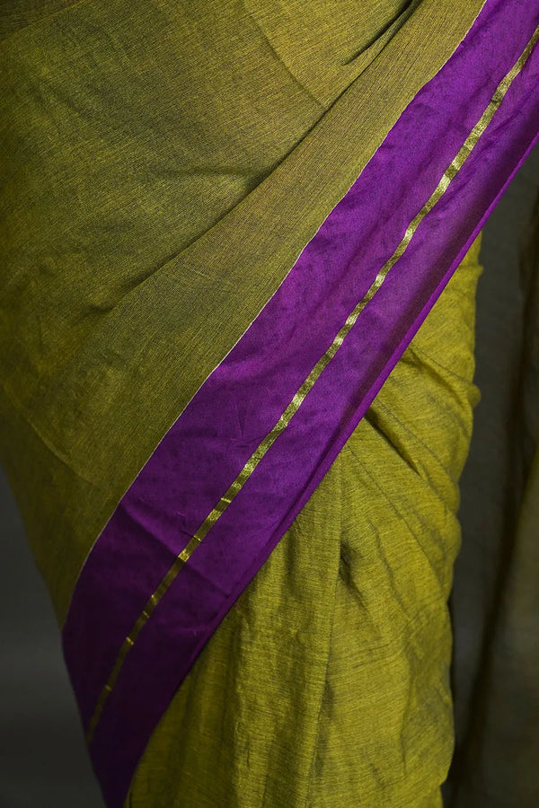 Olive Green Cotton Saree with Purple Border & Elegant Thread Work