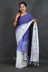 Blue Cotton Saree with White Floral Thread Work