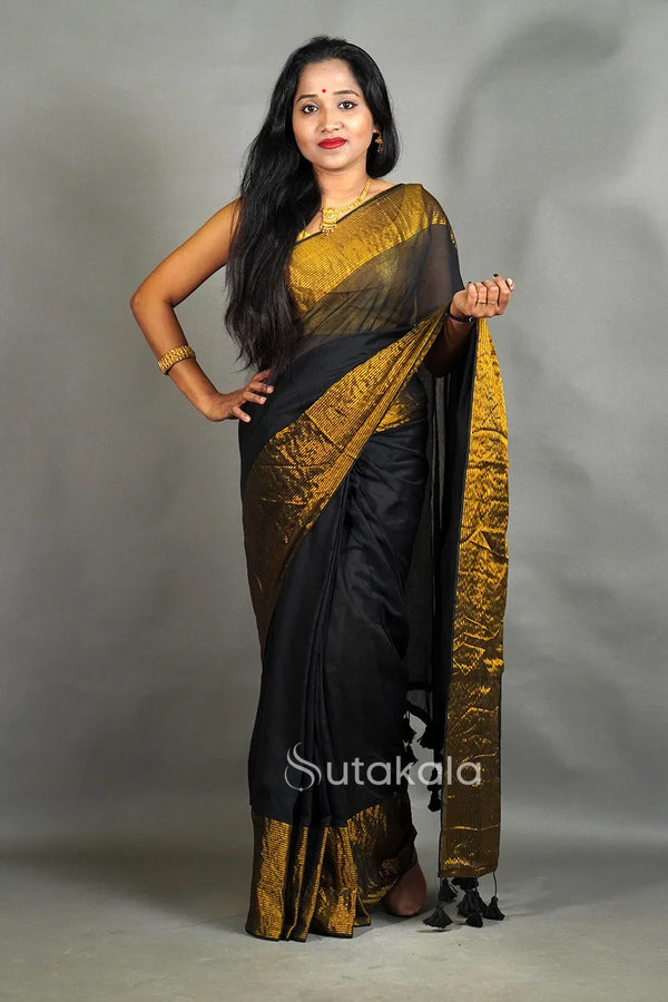 Black Mul Cotton Saree with Golden Border