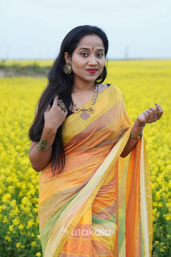 Yellow Based Multicolor Mul Cotton Saree
