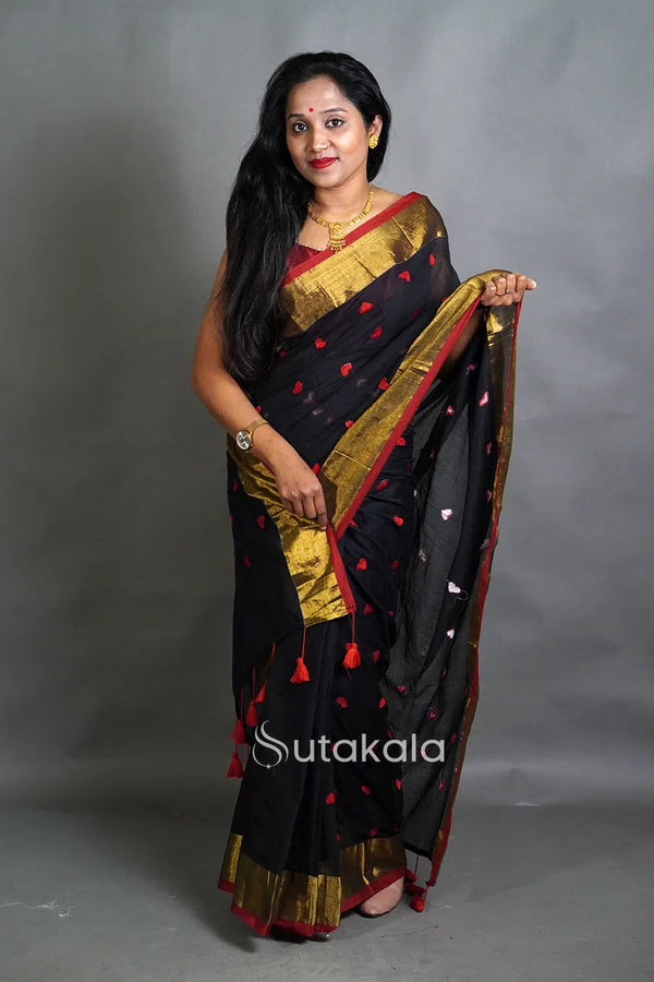 Black Cotton Silk Saree with Handwoven Motifs and Gold Border