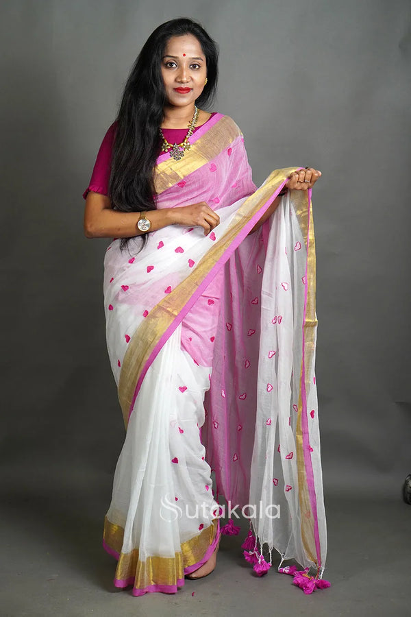 White & Pink Cotton Silk Saree with Handwoven Motifs and Gold Border