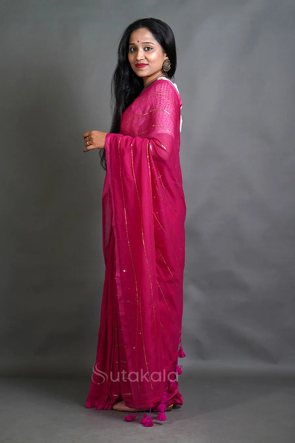 Handloom Cotton Saree with Golden Stripe Detailing & Tassels