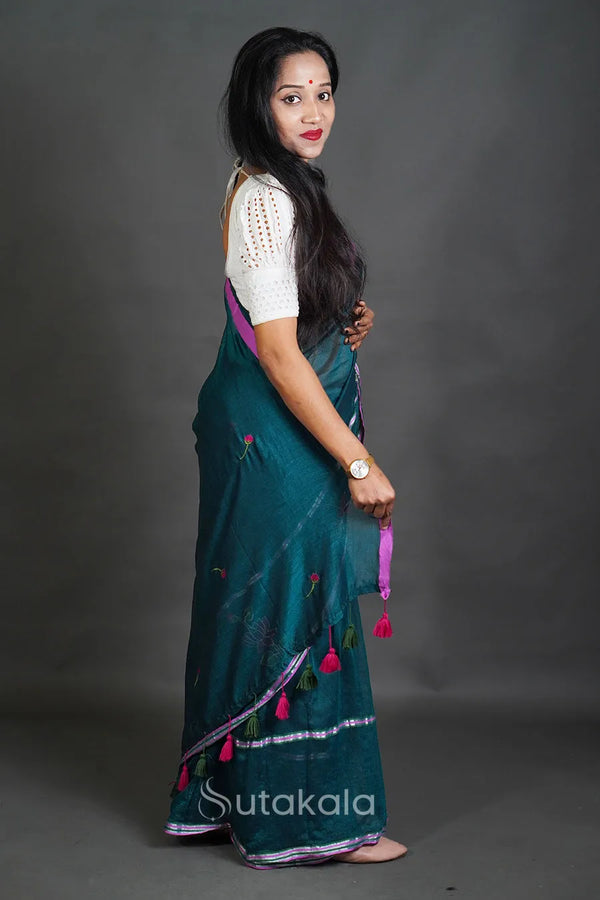 Elegant Cotton Saree with Intricate Floral Thread Work & Silver Border