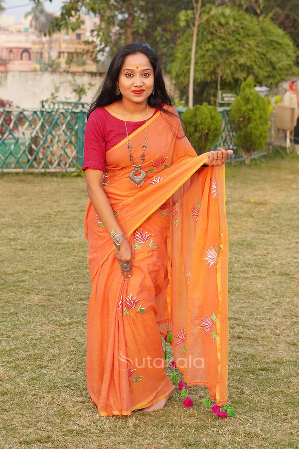 Orange Mul Cotton Saree with Thread Work Embroidery