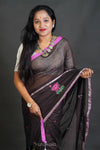 Dark Coffee Cotton Saree with Thread Work Embroidery