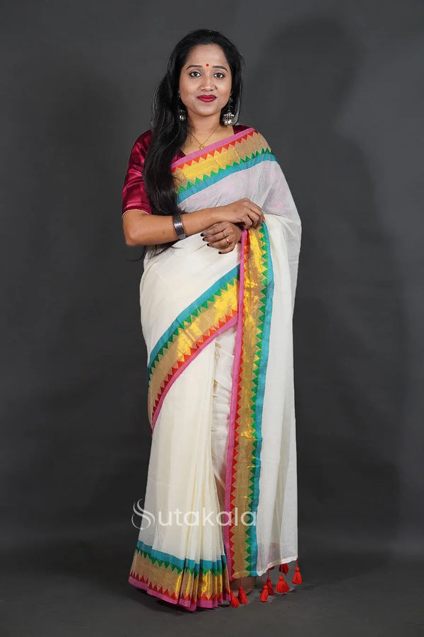Off-White Cotton Saree with Pink Border & Elegant Thread Work