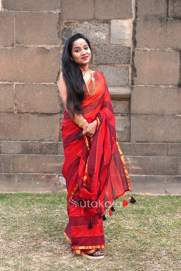 Red Black Mul Striped Cotton Saree With BP