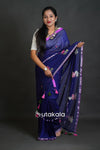 Elegant Cotton Saree with Floral Thread Work & Silver Border