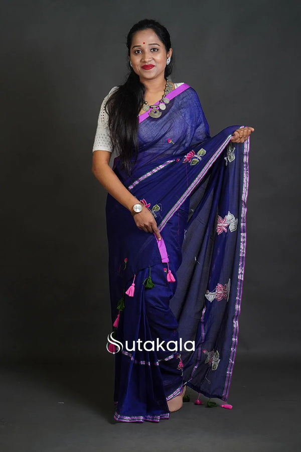 Elegant Cotton Saree with Floral Thread Work & Silver Border