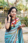 Multicolour Blue Mul Cotton Striped Saree With BP