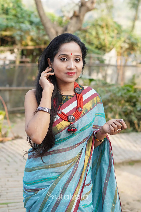 Multicolour Blue Mul Cotton Striped Saree With BP