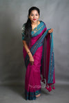 Magenta Pink Cotton Saree with Teal Border