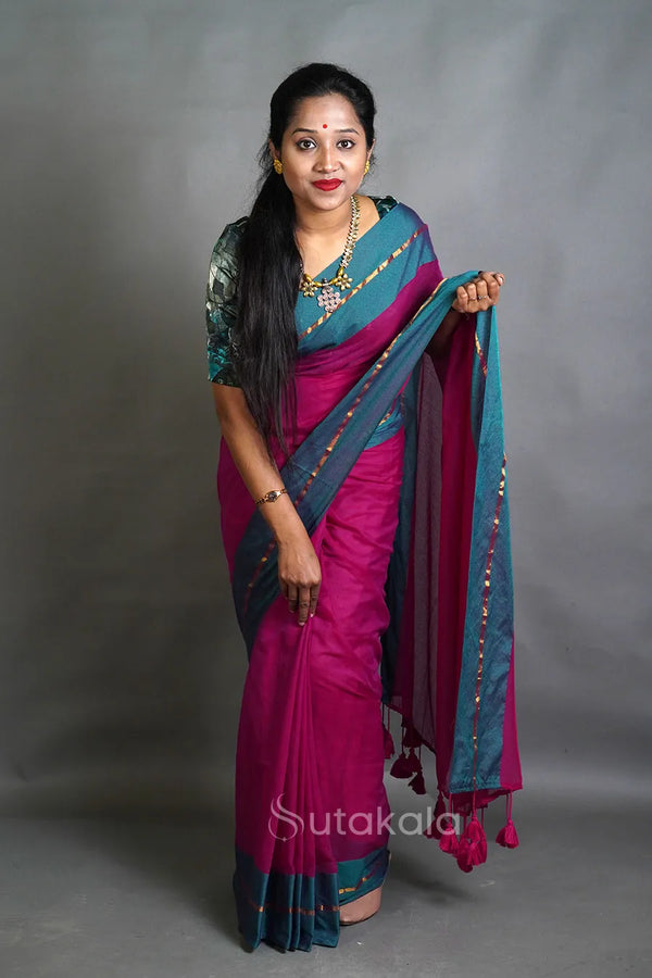 Magenta Pink Cotton Saree with Teal Border