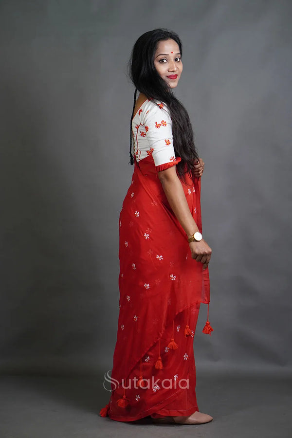 Rich Red Cotton Saree with Golden Stripe Detailing & Tassels