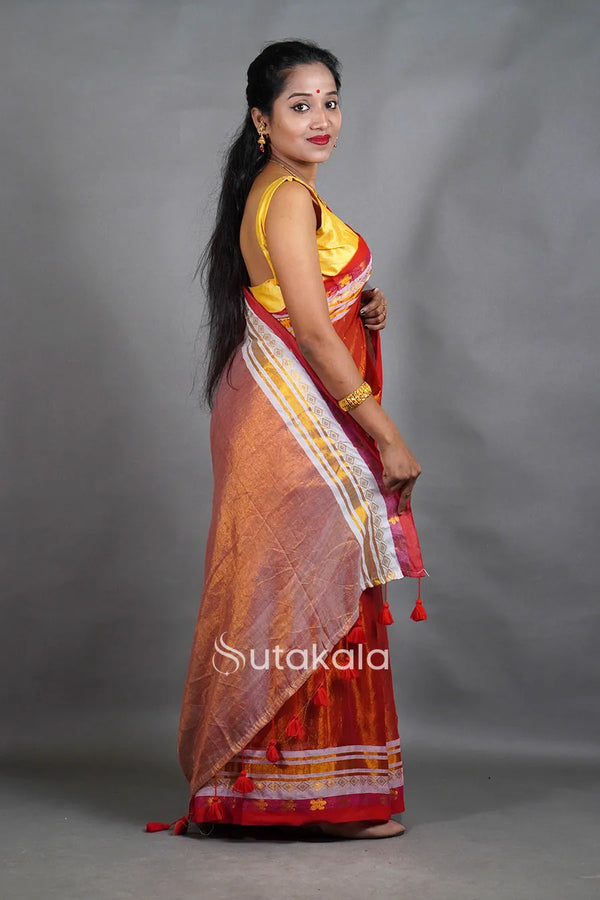 Rust Orange Tissue Silk Saree with Contrast Border & Tassel Pallu