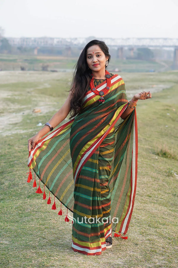 Green Multicolour Mul Cotton Striped Saree