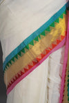 Off-White Cotton Saree with Pink Border & Elegant Thread Work