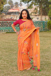 Orange Mul Cotton Saree with Thread Work Embroidery