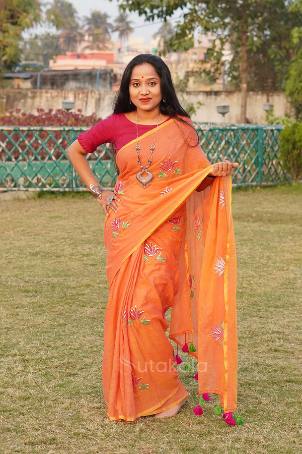 Orange Mul Cotton Saree with Thread Work Embroidery