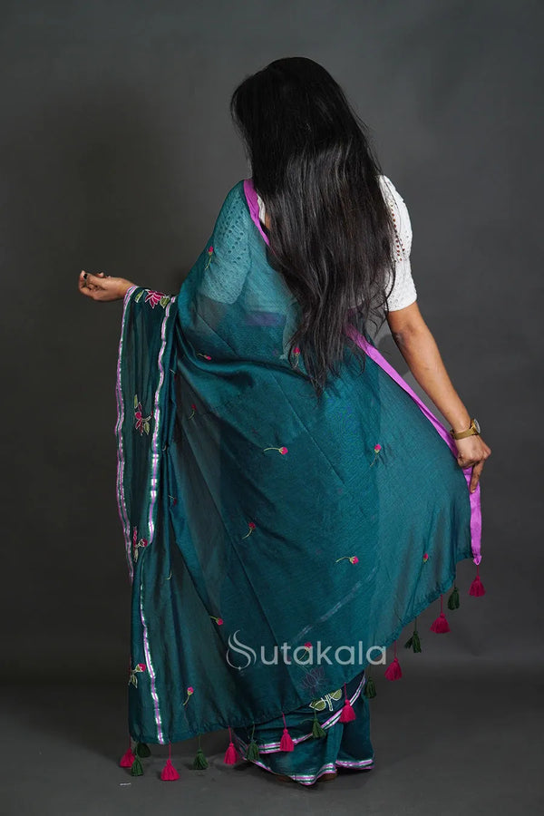 Elegant Cotton Saree with Intricate Floral Thread Work & Silver Border