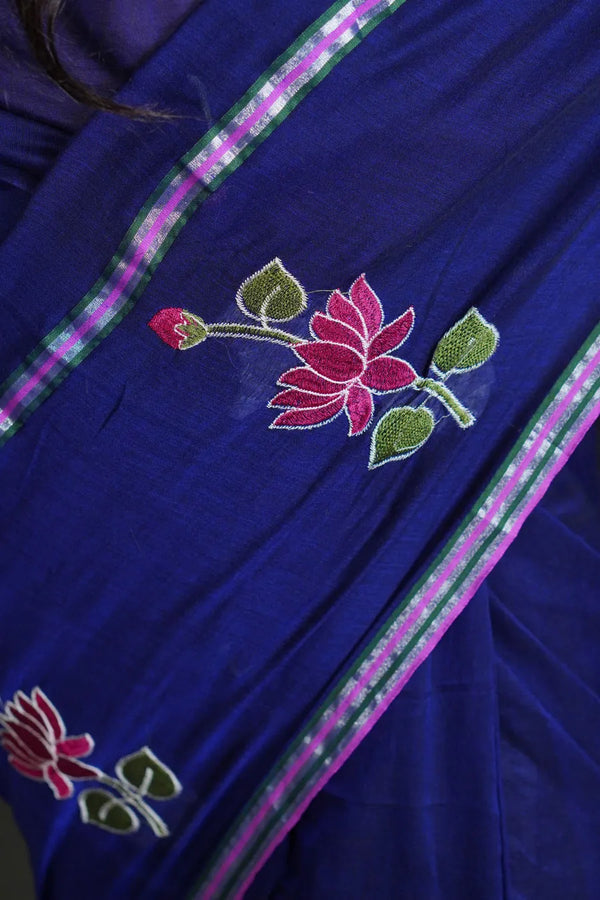 Elegant Cotton Saree with Floral Thread Work & Silver Border