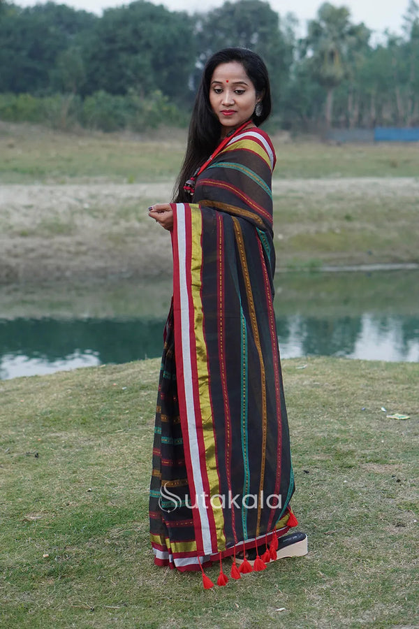 Black Based Multicolor Mul Cotton Striped Saree