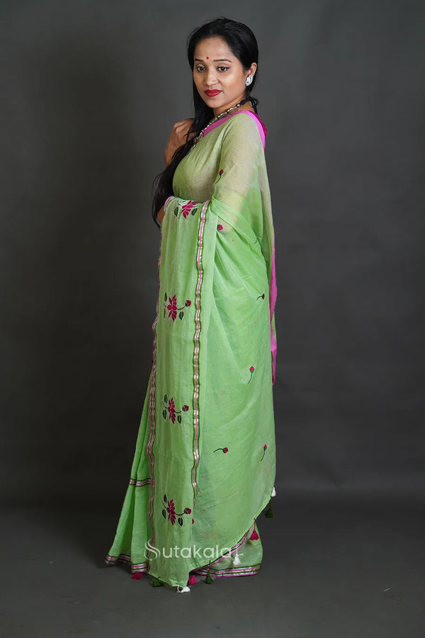 Green Mul Cotton Saree with Thread Work Embroidery