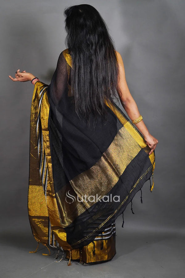 Black & Gold Tissue Silk Saree with Classic Contrast Border