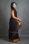 Black Cotton Silk Saree with Handwoven Motifs and Gold Border