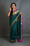 Olive Green Cotton Saree with Purple Border & Handcrafted Thread Work