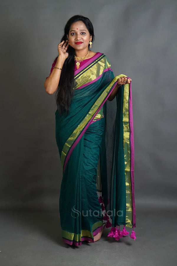 Olive Green Cotton Saree with Purple Border & Handcrafted Thread Work