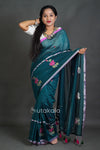 Elegant Cotton Saree with Intricate Floral Thread Work & Silver Border