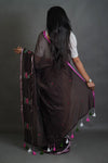 Dark Coffee Cotton Saree with Thread Work Embroidery