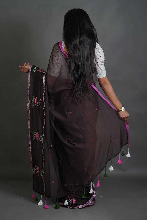 Dark Coffee Cotton Saree with Thread Work Embroidery