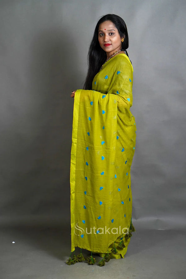 Green Linen Cotton Saree with Handwoven Motifs