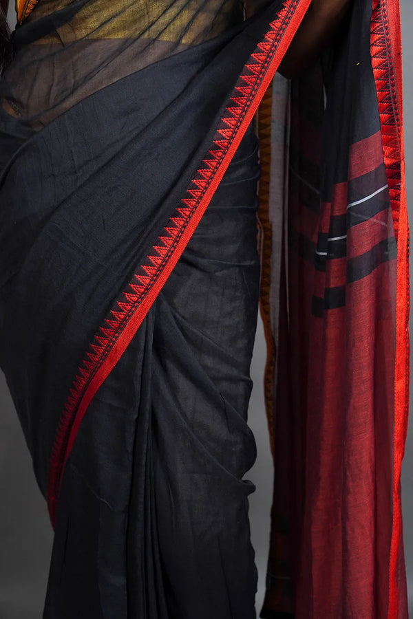 Black Mul Cotton Saree with Thread Border