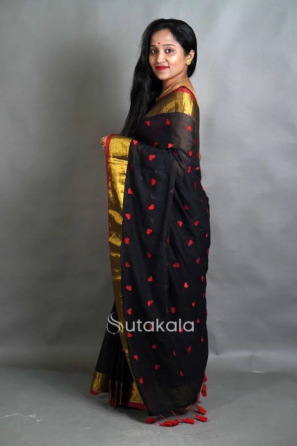 Black Cotton Silk Saree with Handwoven Motifs and Gold Border