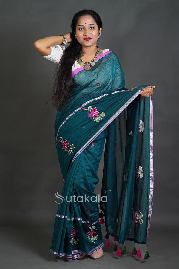 Elegant Cotton Saree with Intricate Floral Thread Work & Silver Border