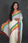 Off-White Cotton Saree with Pink Border & Elegant Thread Work