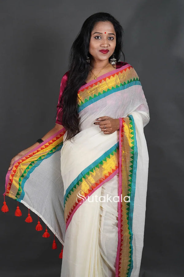 Off-White Cotton Saree with Pink Border & Elegant Thread Work