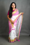 White & Pink Cotton Silk Saree with Handwoven Motifs and Gold Border