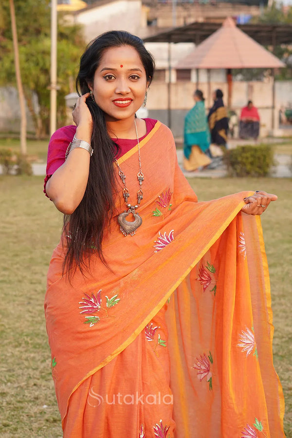 Orange Mul Cotton Saree with Thread Work Embroidery
