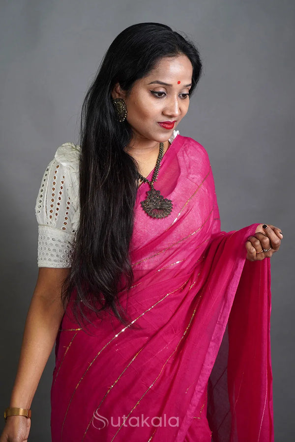 Handloom Cotton Saree with Golden Stripe Detailing & Tassels