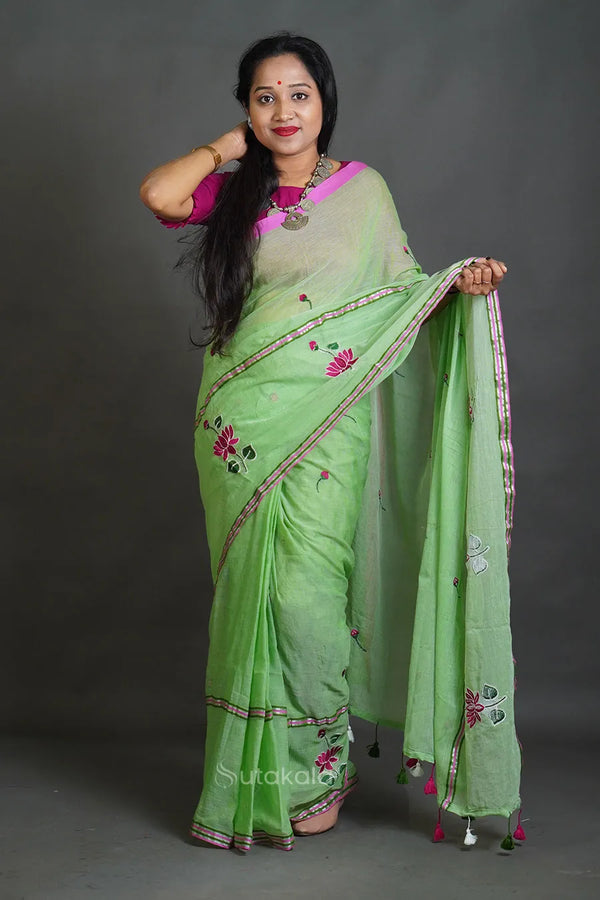 Green Mul Cotton Saree with Thread Work Embroidery
