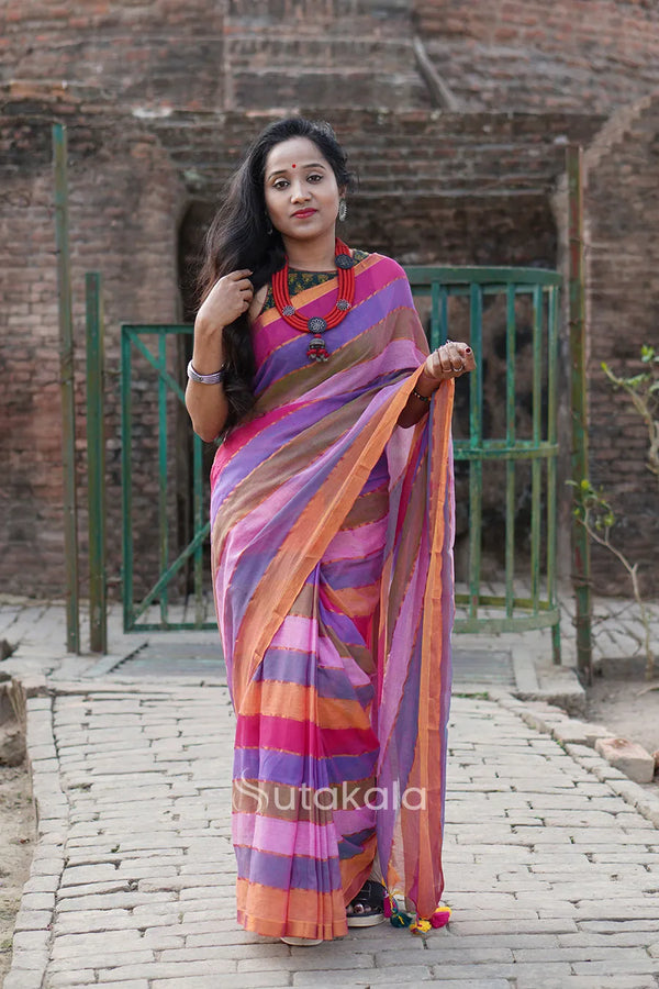 Multicolour Mul Cotton Striped Saree With BP